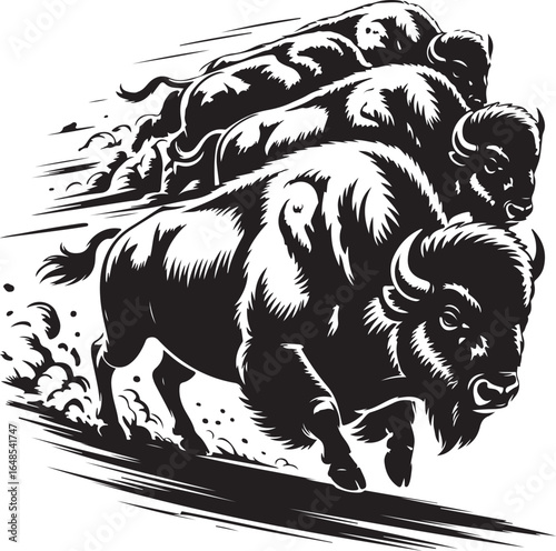 Dynamic herd of bison stampeding powerfully forward