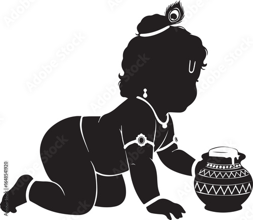 krishna silhouette vector Chibi Krishna with Peacock Feather | Black and White Line Drawing Cute Baby Krishna with Butter Pot | Black and White Hindu God