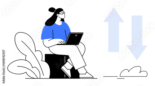 Woman working on a laptop while seated near plants, abstract upward and downward arrows representing progress and setbacks. Ideal for productivity, technology, balance, growth, minimalism, lifestyle