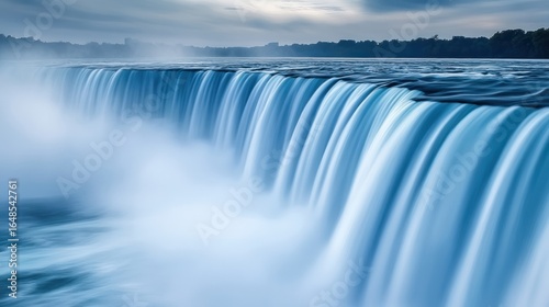 The churning white water at the base of a powerful waterfall, capturing motion and energy, long exposure effect. 