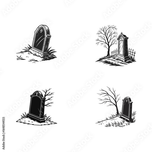 Minimalist grave icon, bold outline, side profile, pure white