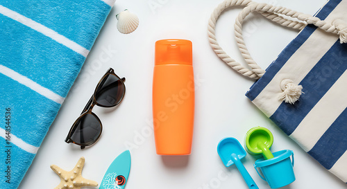 Summer Beach Day Essentials Flat Lay with Bright Sunscreen, Striped Towel, and Beach Bag, Perfect for Vacation Planning and Sun