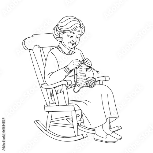 Illustration of an elderly woman knitting while sitting in a rocking chair in black and white
