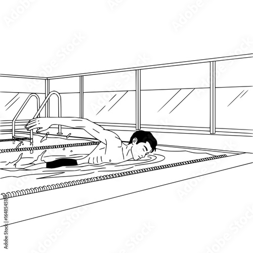 Illustration of a man swimming freestyle in a pool with a ladder and window in the background