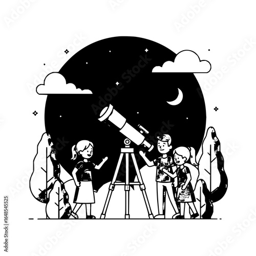 Children looking through telescope at night sky with moon stars and clouds in a black and white illustration