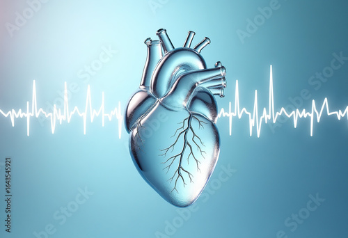 Heart Health. Glass crystal transparent heart on light blue background with cardiogram line. Perfect medical banner for cardiology center hospital. Heart check concept. Cardio pacemaker