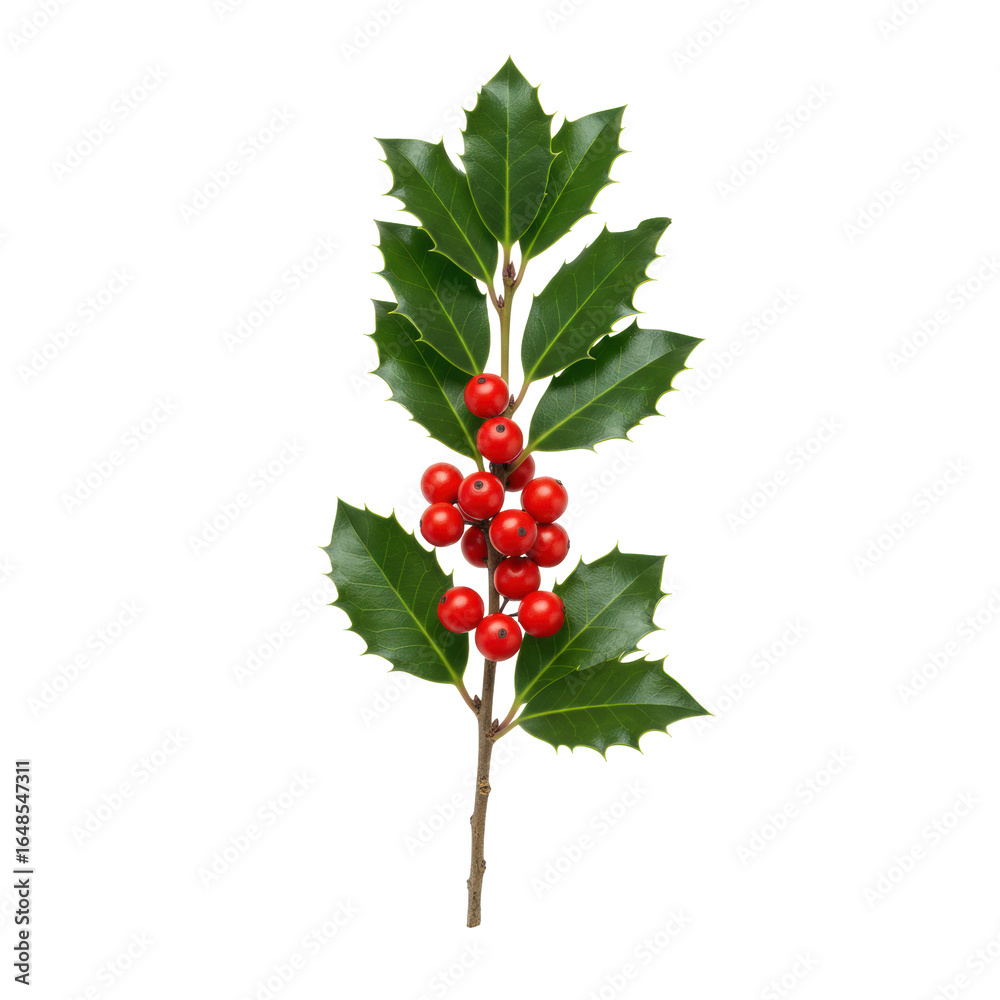 Solitary holly branch with sharp glossy green leaves and vibrant spherical red berries, woody stem, against a transparent studio background with high-key diffused lighting, clean cutout style. Solitary holly branch with sharp glossy green leaves and vibrant spherical red berries, woody stem, against a transparent studio background with high-key diffused lighting, clean cutout style.