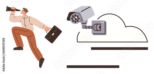 Man with megaphone and briefcase in motion near cloud-connected CCTV camera. Ideal for security, surveillance, cloud computing, data monitoring, digital control, corporate strategy, and communication