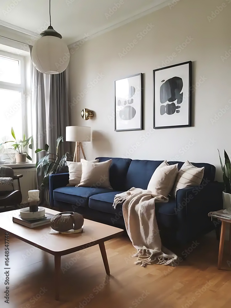 Fototapeta premium Scandinavian home interior design of modern living room. Stylish room with a dark blue sofa, neutral pillows, and modern decor creating a cozy and elegant atmosphere.