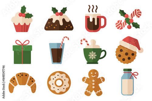 Festive christmas food drinks and treats illustrated flat design icons