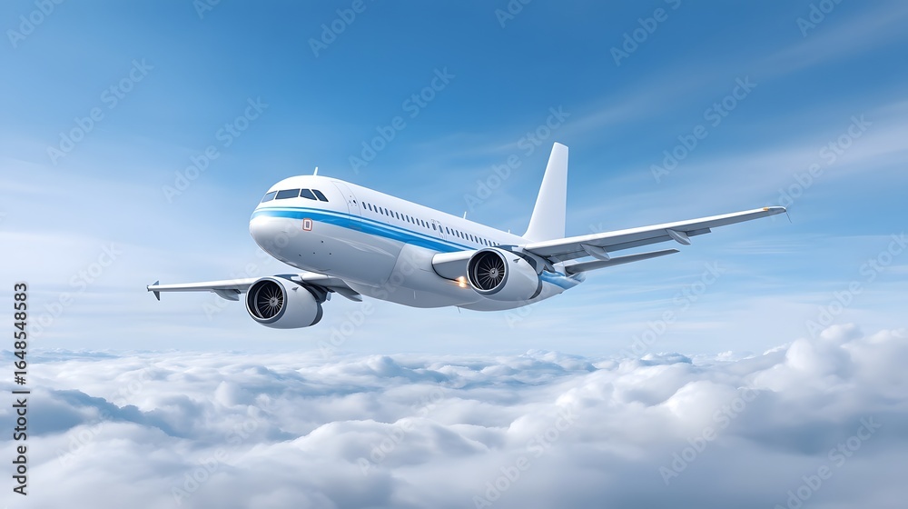 Obraz premium Commercial passenger airplane flying through a clear blue sky