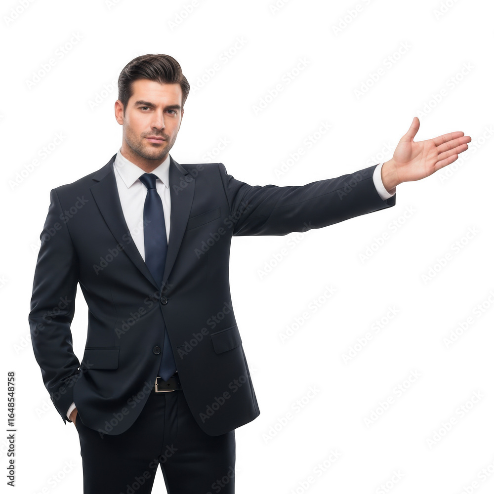 Businessman in a suit presenting with his hand outstretched isolated on transparent background Businessman in a suit presenting with his hand outstretched isolated on transparent background