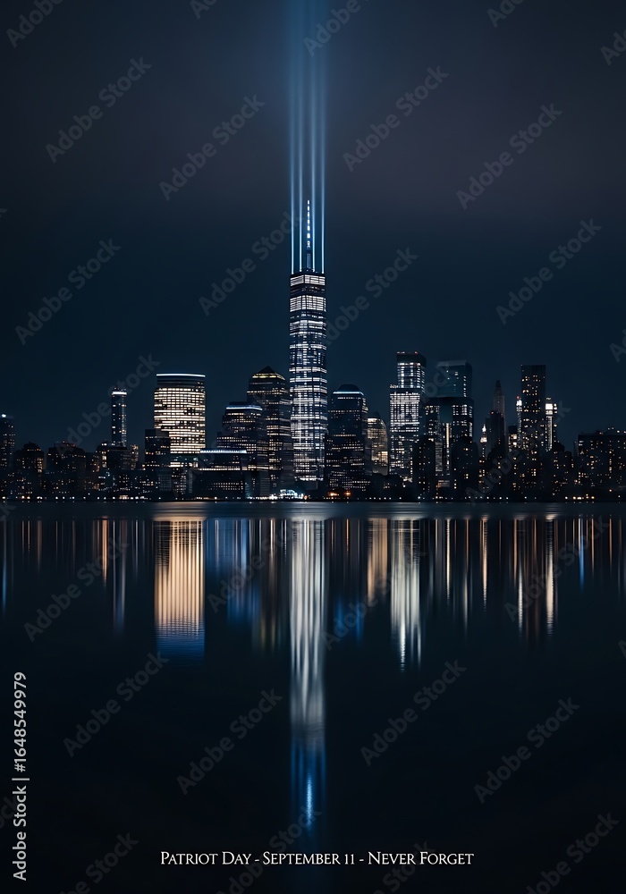 Fototapeta premium Reflective cityscape tribute illuminating the night with powerful beams of light