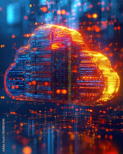 Digital cloud data visualization with vibrant glowing lights