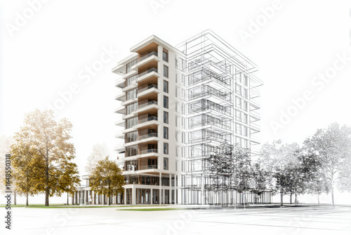 Modern multi-story residential building with architectural design and planning elements