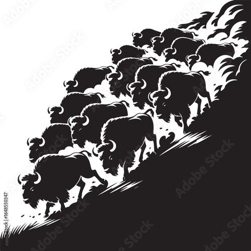 Powerful herd of bison charging downhill in dynamic motion