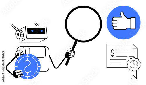 Robot holding magnifying glass and coin conducting evaluation near thumbs-up sign and certified document. Ideal for finance, technology, AI, evaluation, decision-making, quality control, simple