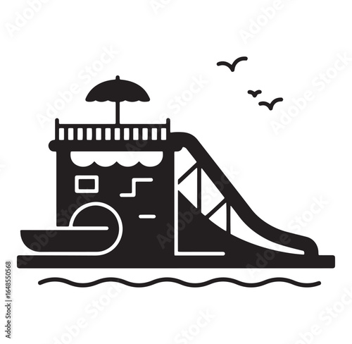 Black and white illustration of a waterpark with a slide birds and umbrella