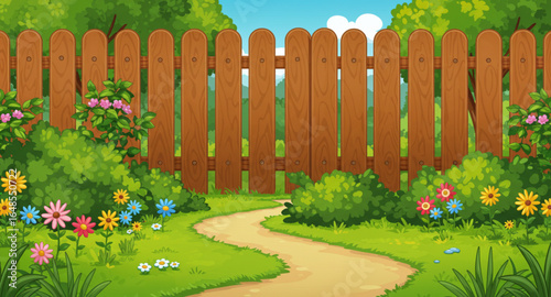 wooden fence with grass and flowers