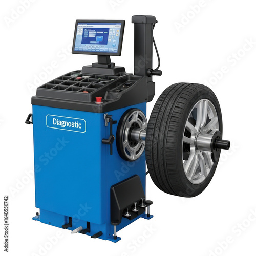 Blue professional car wheel balancing machine with tire isolated on transparent background