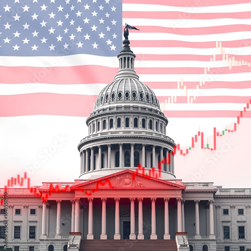 us capitol building with american flag and financial chart overlay - symbol of american democracy, economy, and power.
