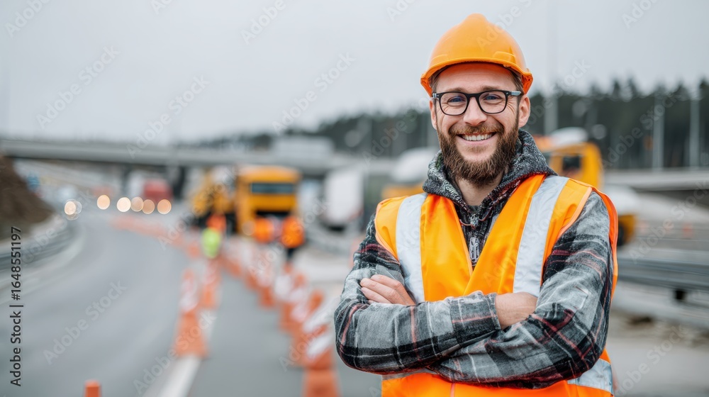 Obraz premium A cheerful construction worker wearing a hard hat and safety vest smiles confidently on a highway project.