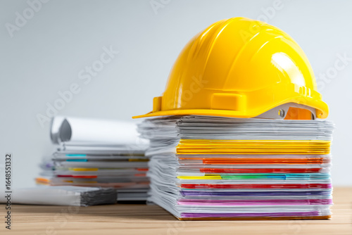 Organized construction project documents with safety helmet and colorful files