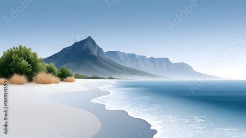 Majestic coastal landscape with towering mountain and tranquil beach