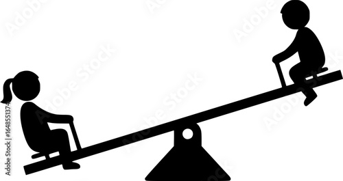 two children playing on a seesaw, silhouette, playground, white background
