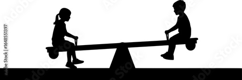 two children playing on a seesaw, silhouette, playground, white background