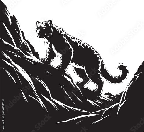 Majestic snow leopard climbs rugged mountain terrain