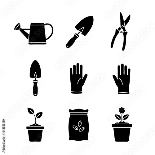 Black silhouette icon set of hand gloves, potted plants, pruning shears, and rakes for plant potting, gardening, and landscape maintenance.