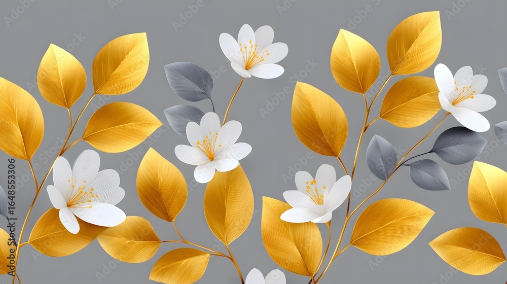 Obraz premium Repeating pattern of metallic golden leaves and silver flowers on a gray background
