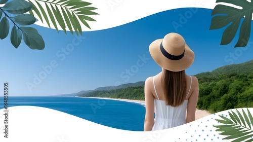 Scenic beach view with woman enjoying tropical paradise
