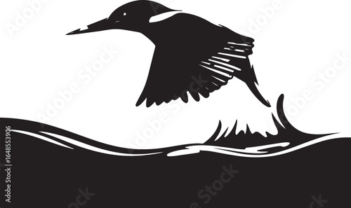 Bird takes flight from water, dynamic action silhouette