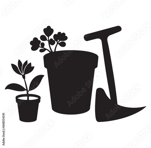 Black and white vector illustration of gardening tools and potted plants elements