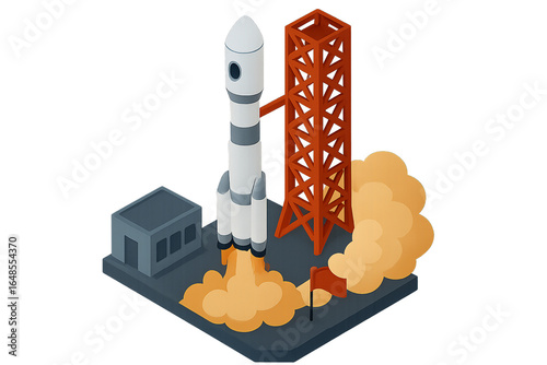 Isometric illustration of a rocket launching from a spaceport, on a transparent background
