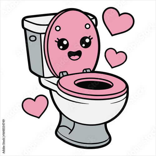 Cute Kawaii Toilet Cartoon with Pink Seat and Hearts Vector Illustration