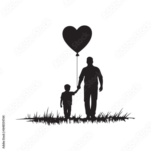father's day boy with balloons, father and son with balloon vector silhouette, Family valentine day 
