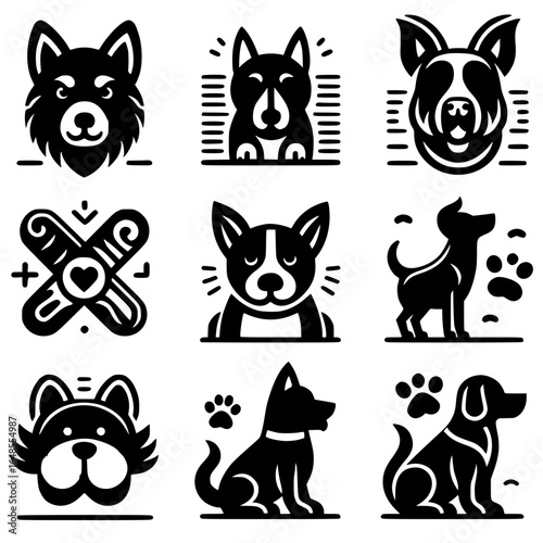 Various black dog icon illustration white background