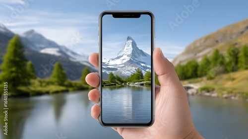 Smartphone displaying augmented reality travel information of a mountain landscape