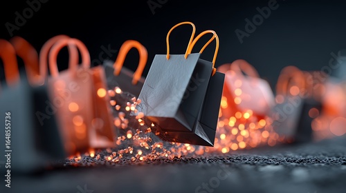 Glowing lines connect floating shopping bags and boxes, creating a dynamic bokeh effect for a modern e-commerce visual.