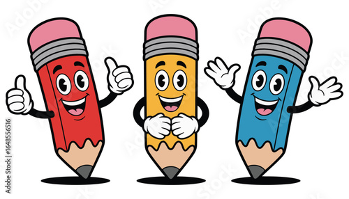 Cute Cartoon Pencil Characters with Happy Expressions