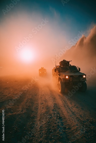 Military vehicles in dusty desert landscape at sunset