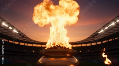 Olympic Flame Lighting Ceremony at Sunset - A hand ignites the Olympic flame in a stadium cauldron during a vibrant sunset.
