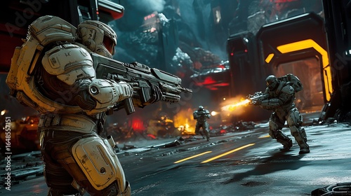Intense firefight between armored soldiers in a futuristic battlefield. Epic scene from a video game.