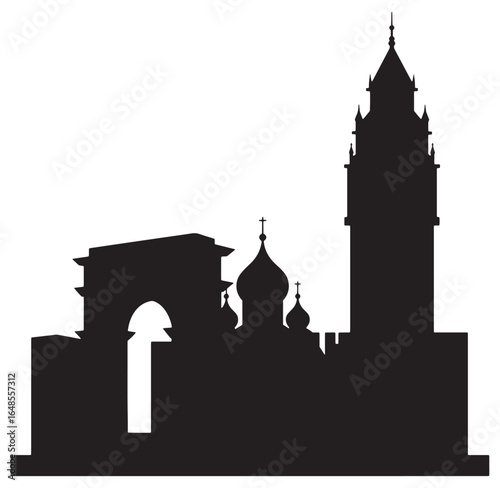 Silhouette illustration of a city skyline featuring iconic architectural structures and buildings