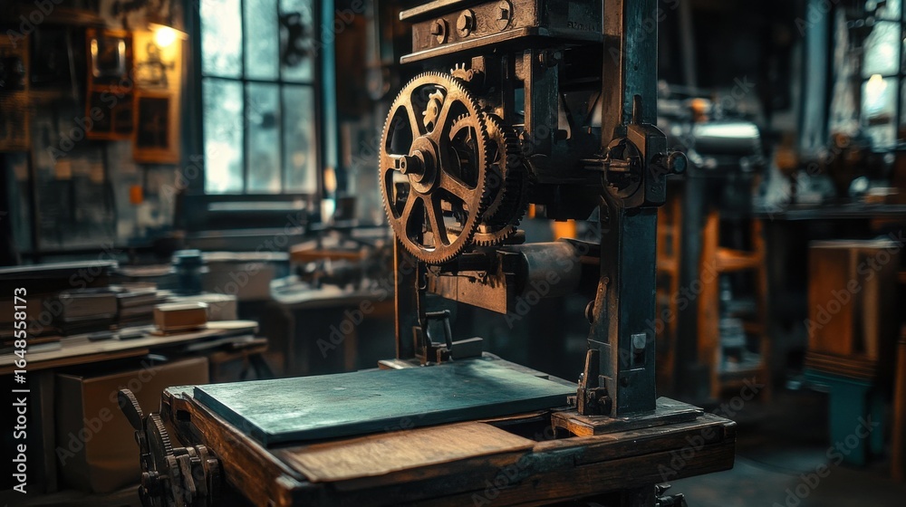 Fototapeta premium Antique printing press showcasing intricate mechanics in workshop
