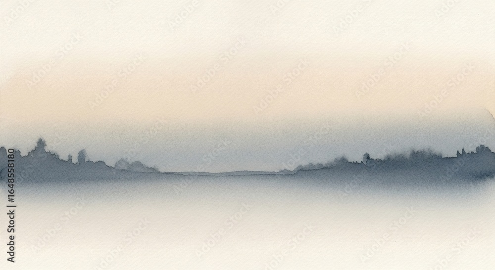 Fototapeta premium Abstract watercolor landscape with a pale peach sky and misty blue horizon