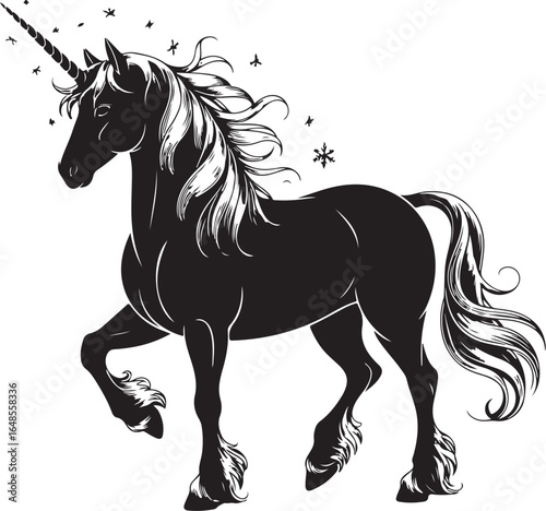Majestic black unicorn prancing with flowing mane